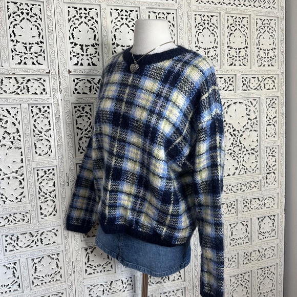 Paul Harris Design Plaid Blue Mohair Blend Fuzzy Grandpa Sweater Sz XL - Picture 5 of 7